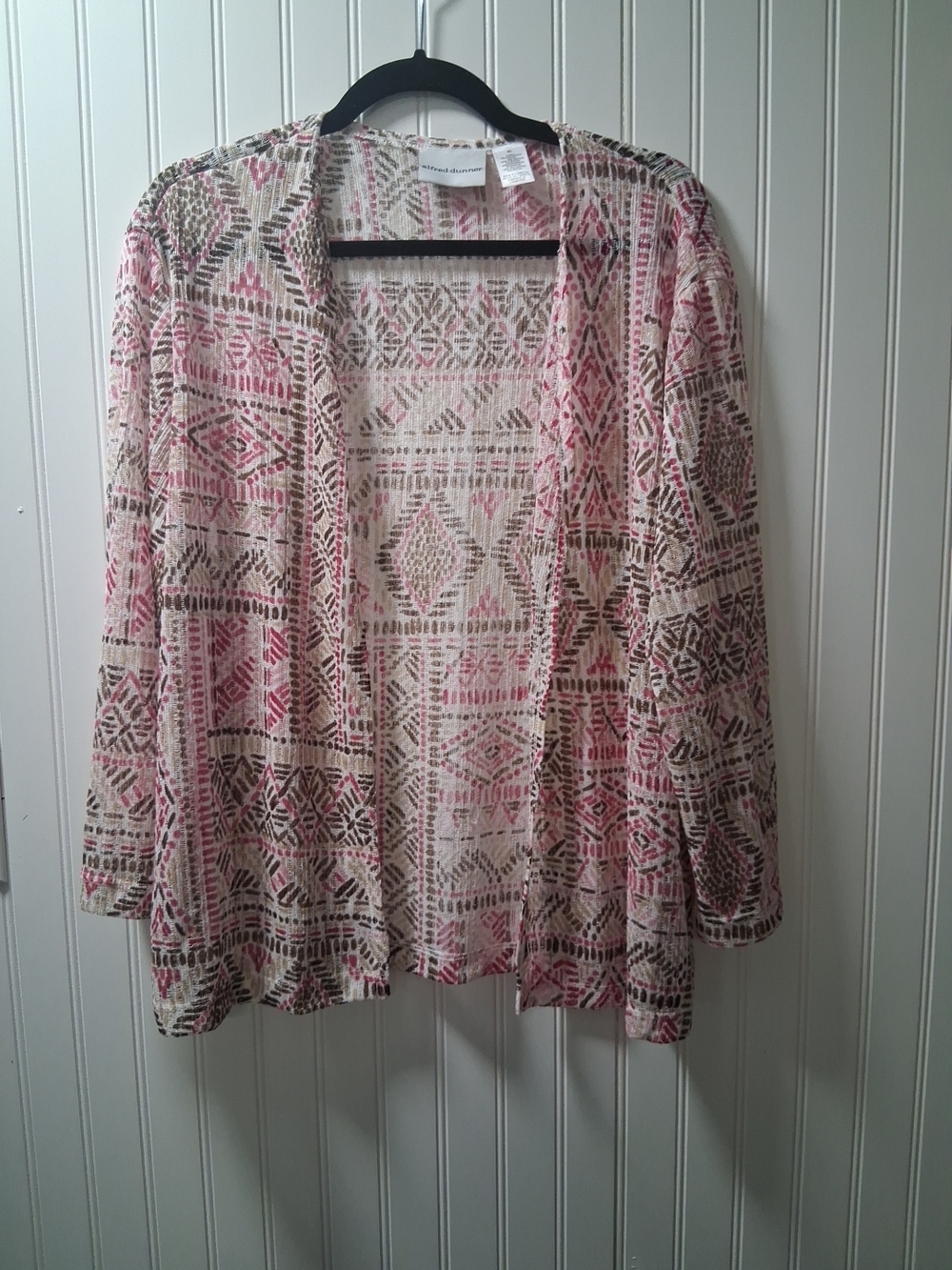 Alfred Dunner Pink and Cream Open-Front Patterned Women's Cardigan